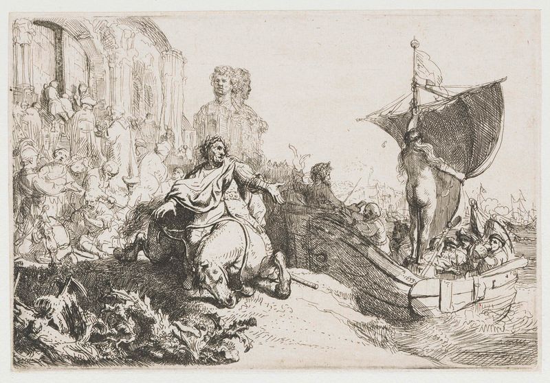 Etching by Rembrandt van Rijn depicting Fortuna on a ship