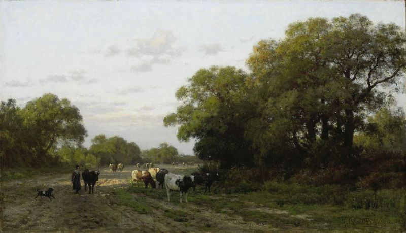 Landschap in Drenthe by Julius Jacobus van de Sande Bakhuyzen, oil on canvas depicting a meadow and sky.