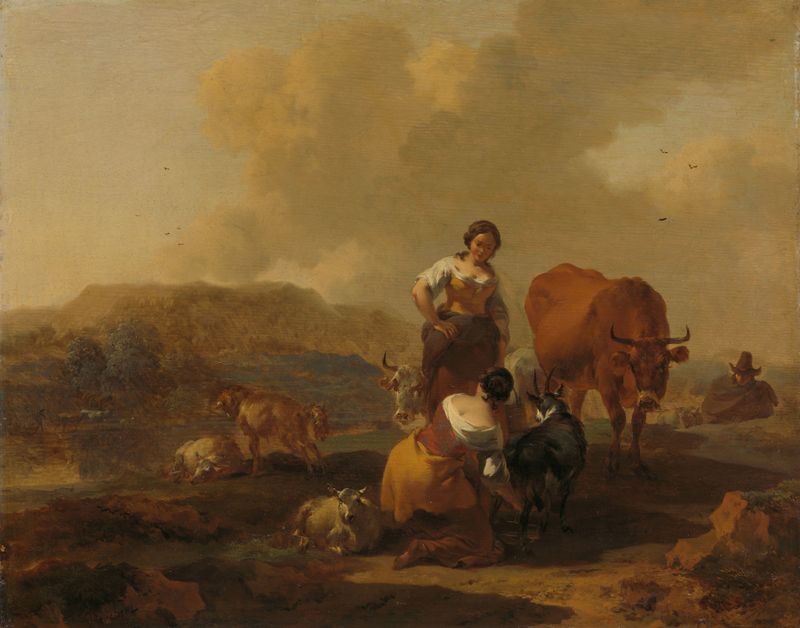 Italian Landscape de Nicolaes Pietersz Berchem, óleo que muestra colinas y luz solar