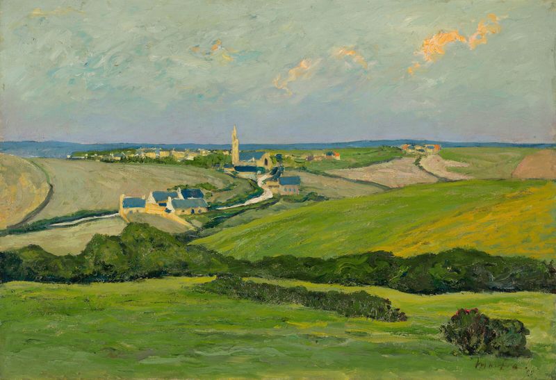 Vue de village de Maxime Maufra, pintura a óleo que retrata uma paisagem vibrante com vegetação e luz.