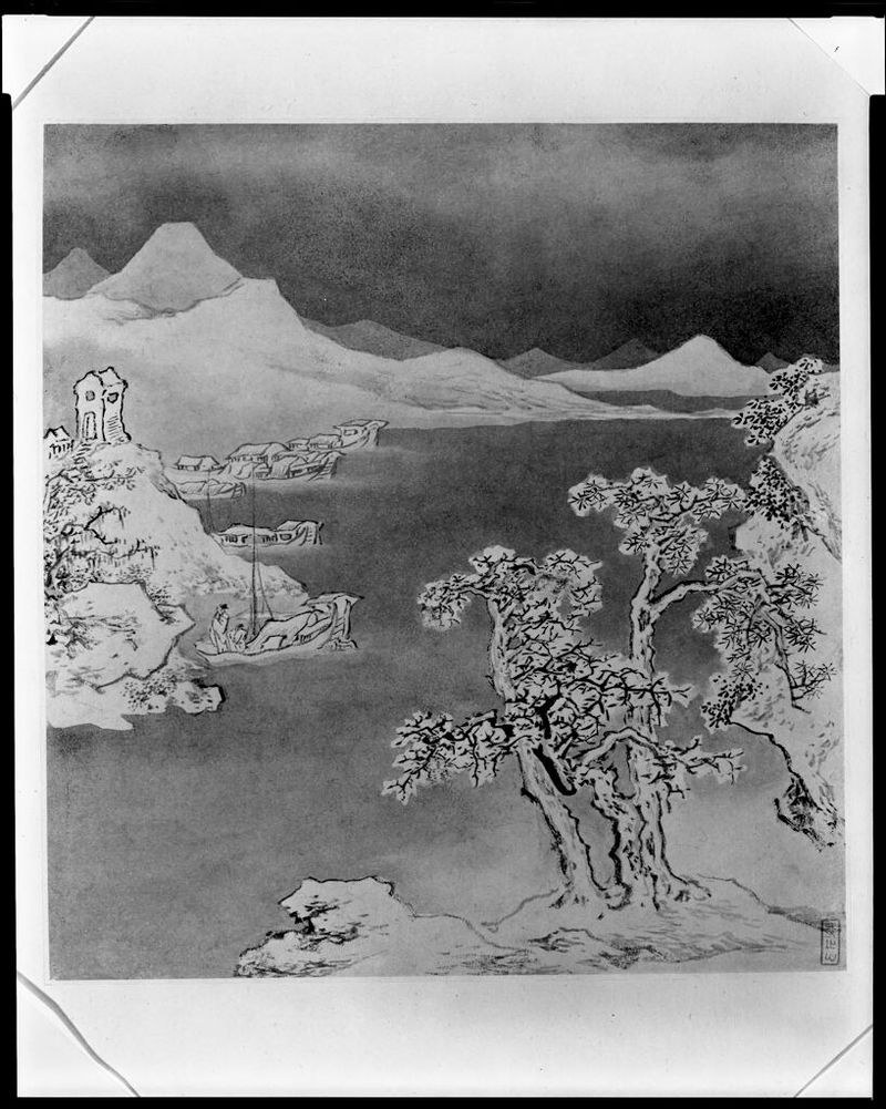 Montanhas cobertas de neve e paisagem serena de Shangguan Zhou, meio papel