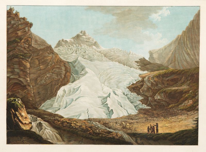 Glacier de Rosenlaui dans le pays de Hasly by Friedrich Rosenberg, oil painting depicting a glacier and rocky landscape.
