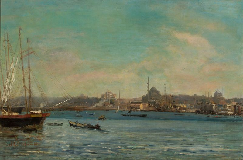 Panorama of Istanbul by Stanisław Chlebowski, oil on canvas depicting a skyline at sunset.