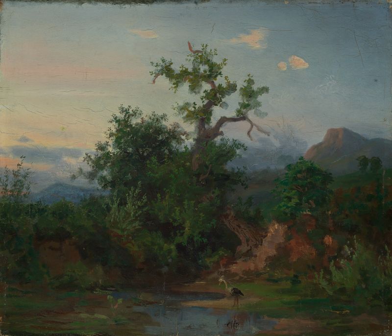 Oil painting by Emil Lugo depicting a tranquil lake with a stork and lush foliage.