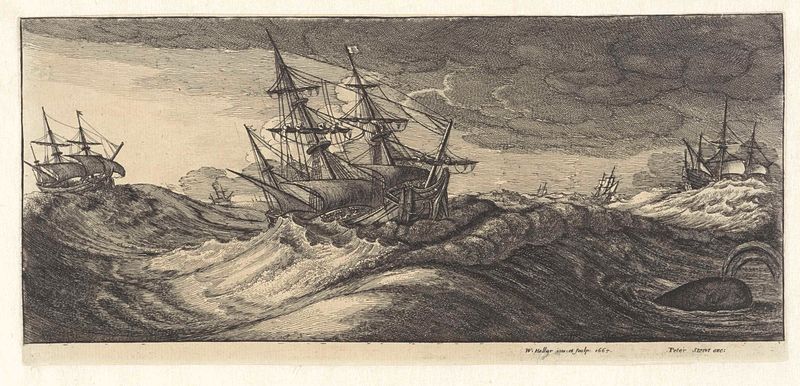 Oorlogsschepen en een walvis in een zeestorm gravura de Wenceslaus Hollar retratando barcos e uma baleia em um mar tempest...