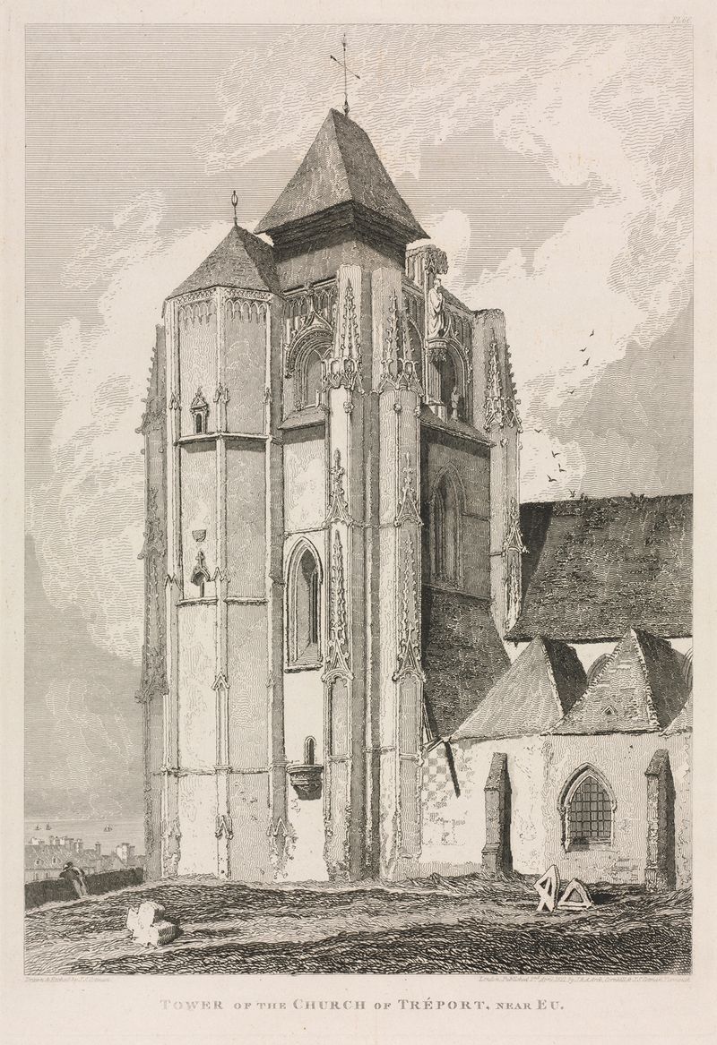 Acuarela de John Sell Cotman que muestra una torre desgastada en un paisaje brumoso