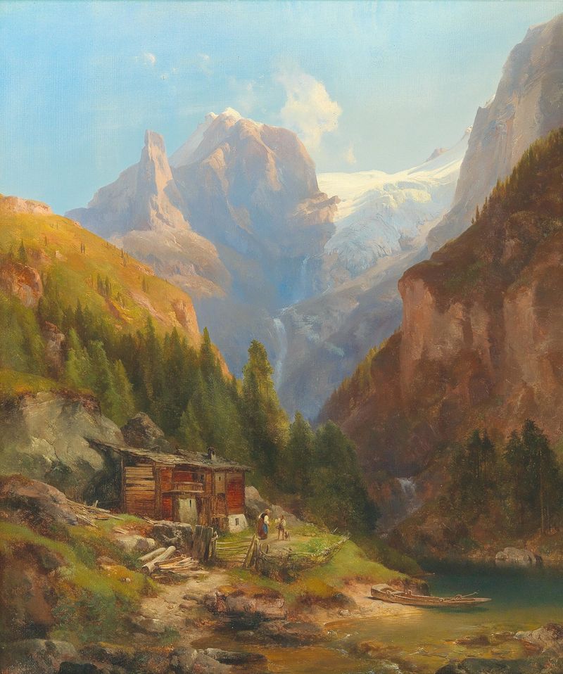 Landscape oil painting by Anton Hansch featuring a mountain and gradient sky.