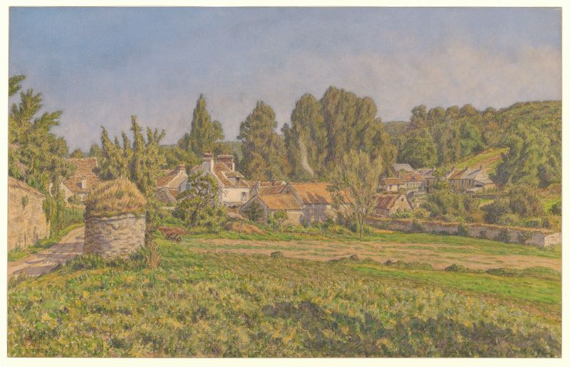 Paisagem pós-impressionista de Henri Rivière que retrata uma vila tranquila ao crepúsculo.
