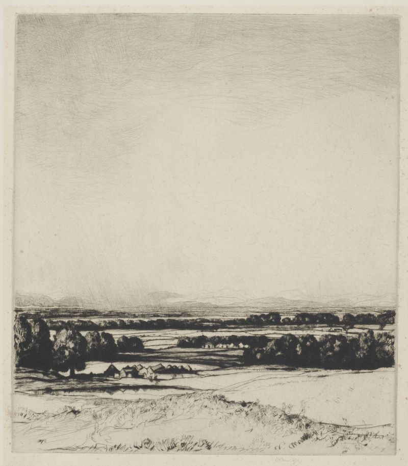 Paisagem de The Valley of the Tay de David Young Cameron, retratando um rio e colinas, pintura a óleo.