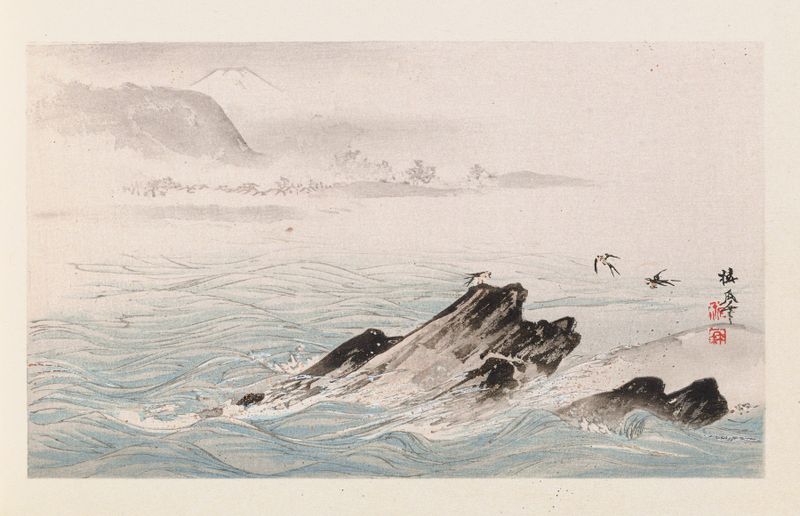 Ukiyo-e landscape by Takeuchi Seihō, featuring clouds and mountains