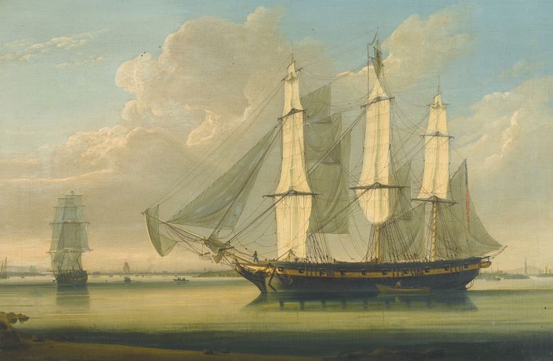 A fully rigged ship on the Thames river, oil on canvas by Robert Salmon