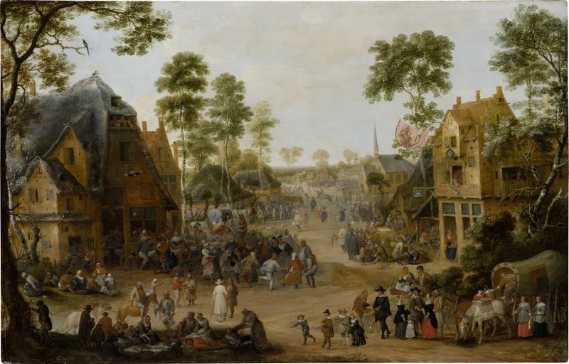 Village Church Festival by Adriaen van Stalbemt, oil on panel depicting a lively village gathering.