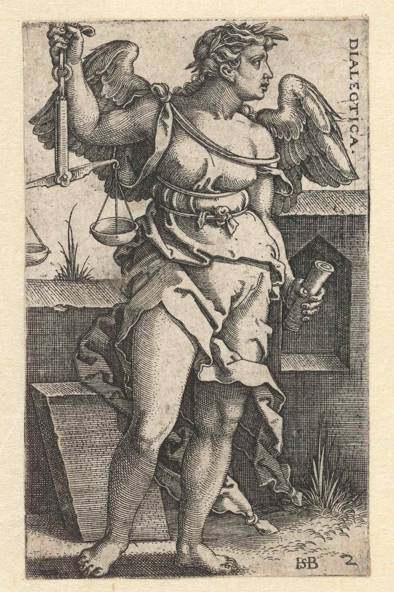 Grabado de Hans Sebald Beham que representa figuras en tensión, Logica (Dialectica)