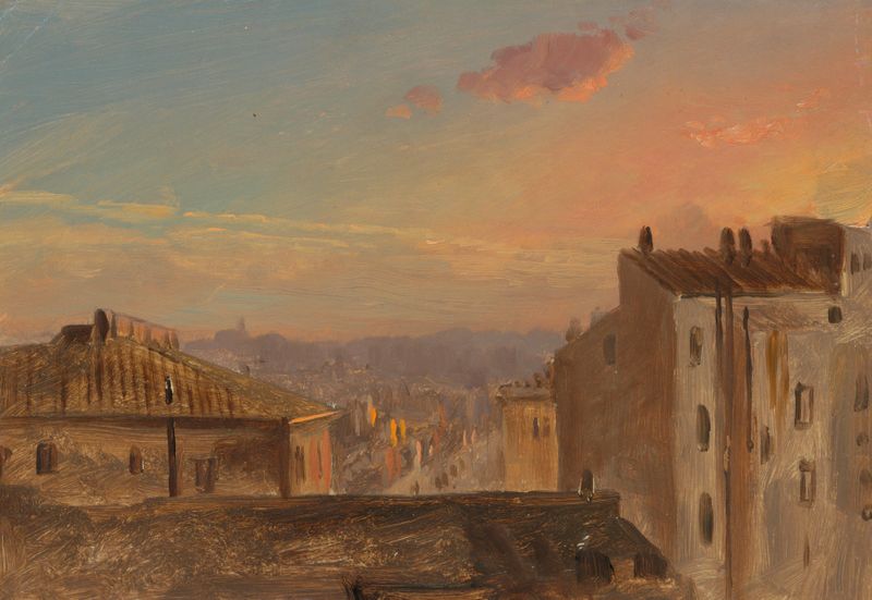 View of Rome de Frederic Edwin Church, pintura al óleo que representa ruinas antiguas y luz solar.