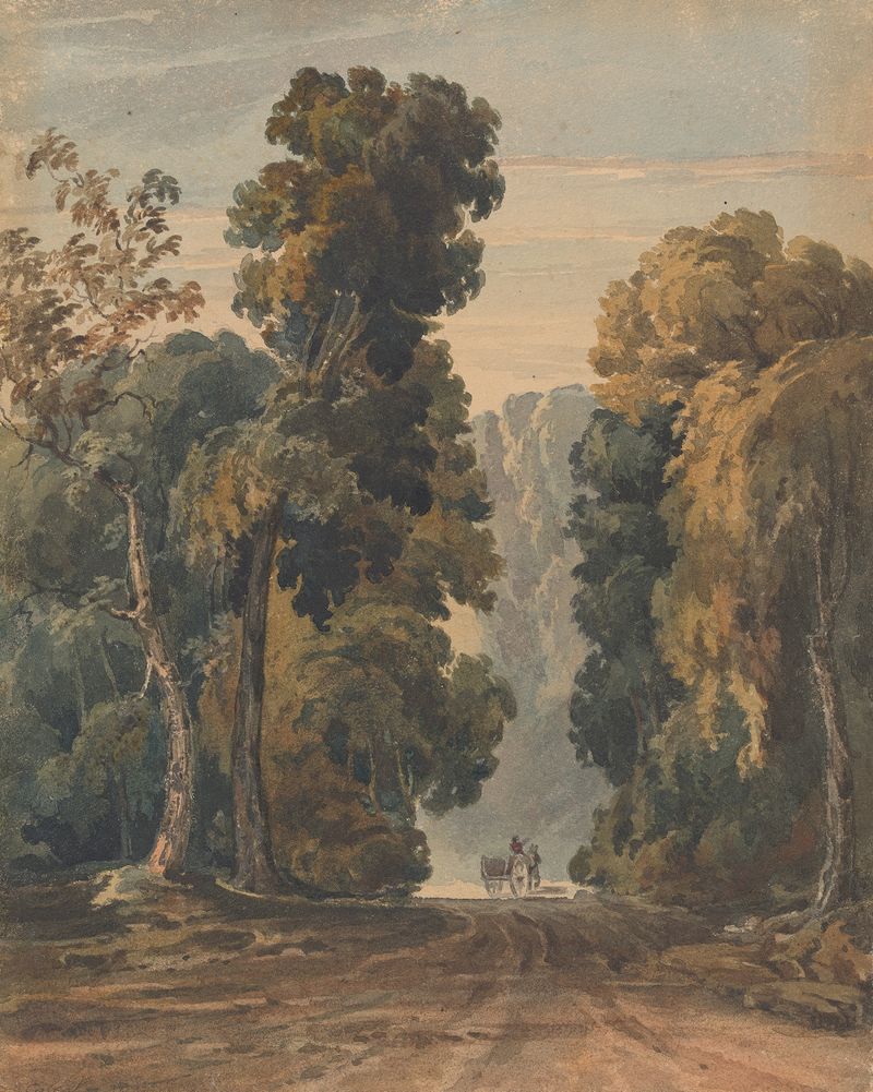 Cavalo, carro e motorista em uma estrada arborizada, óleo sobre tela de Thomas Sully