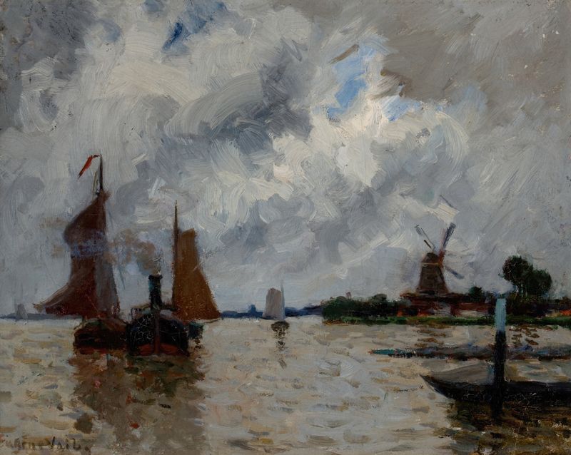 Dordrecht by Eugène Vail, oil on canvas depicting a serene landscape with water and sky reflections.