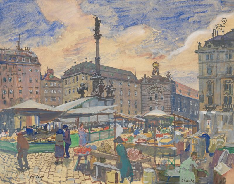 Cena de mercado com figuras vibrantes, óleo sobre tela de Oskar Laske
