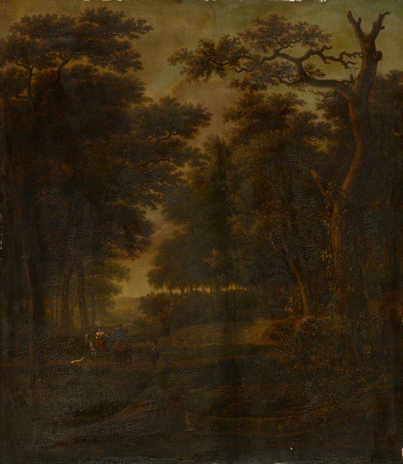 Paisagem florestal com cavaleiros em um caminho, pintura a óleo de Gillis Rombouts