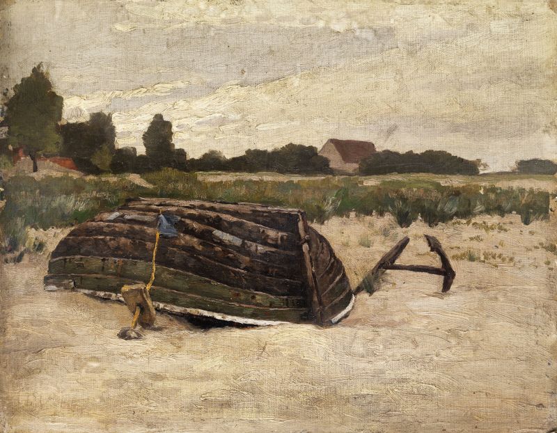 Paisaje impresionista con un bote volcado de Ernst Ludwig Plass