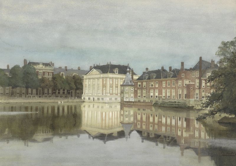 Hofvijver met Mauritshuis, oil on canvas by Johannes Christiaan Karel Klinkenberg