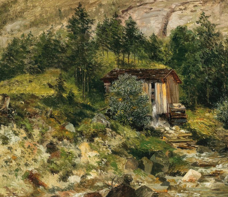 Hütte am Paß Luegg by Emilie Mediz-Pelikan, oil on canvas, depicting a hut and mountains.