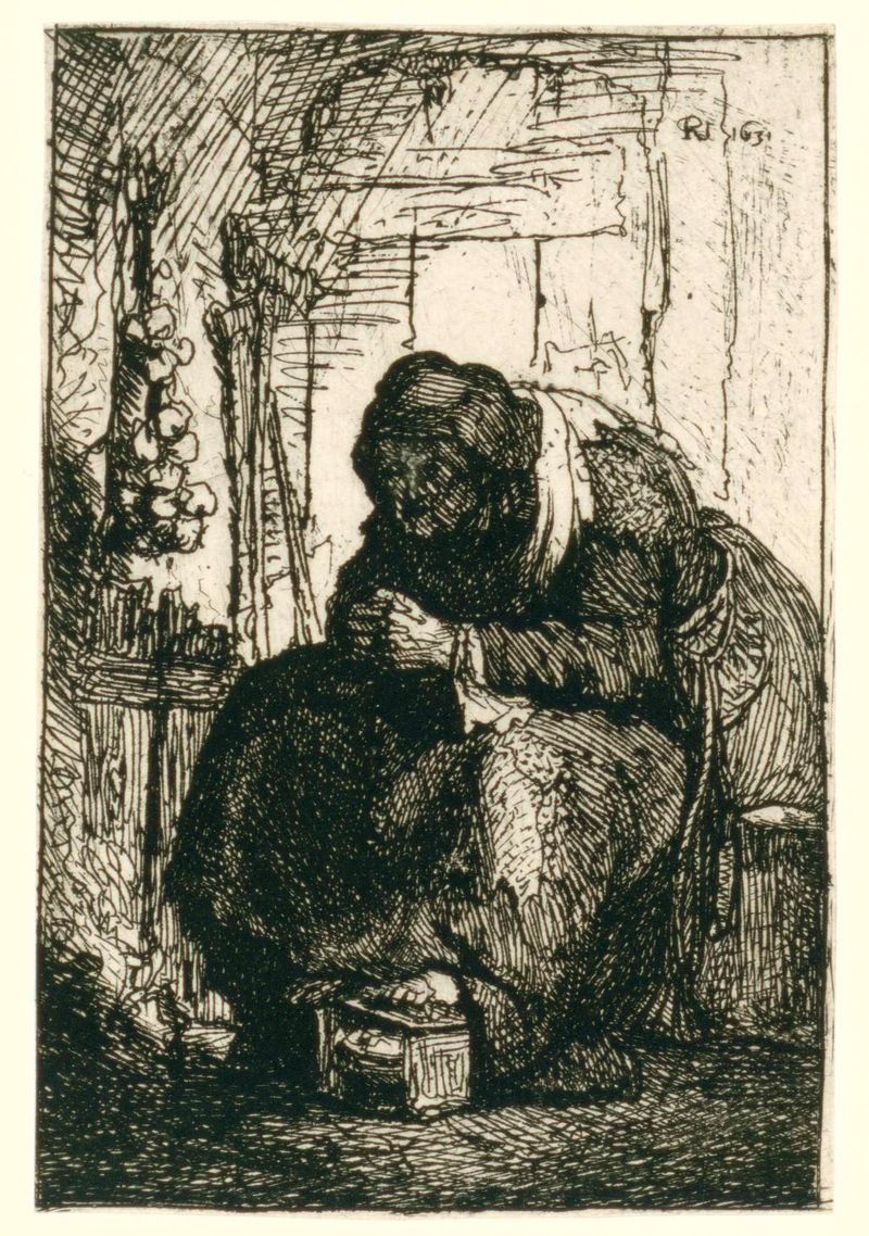 Velha mulher sentada em uma cabana com cebolas na parede, gravura de Rembrandt van Rijn