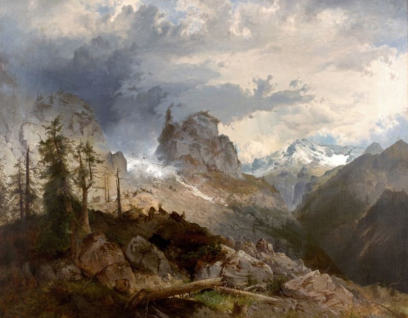 Steinschlag im Hochgebirge by Michael Emil Sachs, oil painting depicting mountains and a stormy sky.