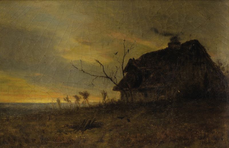 Landscape with Farmhouse by James Renwick Brevoort, oil painting depicting a farmhouse at twilight.