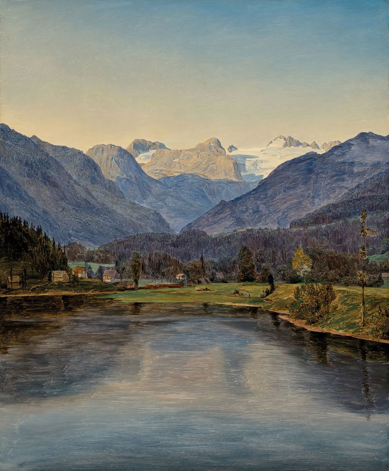 View Of Lake Altaussee And The Dachstein de Ferdinand Georg Waldmüller, pintura a óleo de uma paisagem serena.