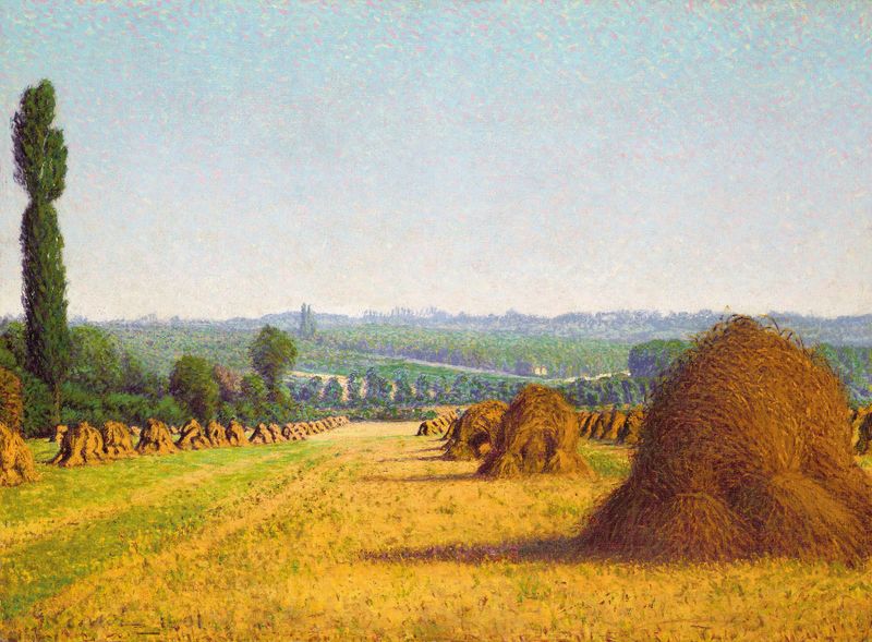 Paisagem com fardos de feno dourados de Gustave Cariot, pintura a óleo