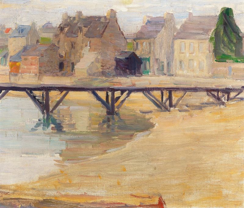 Oil painting by Max Kurzweil depicting a bridge over tranquil waters