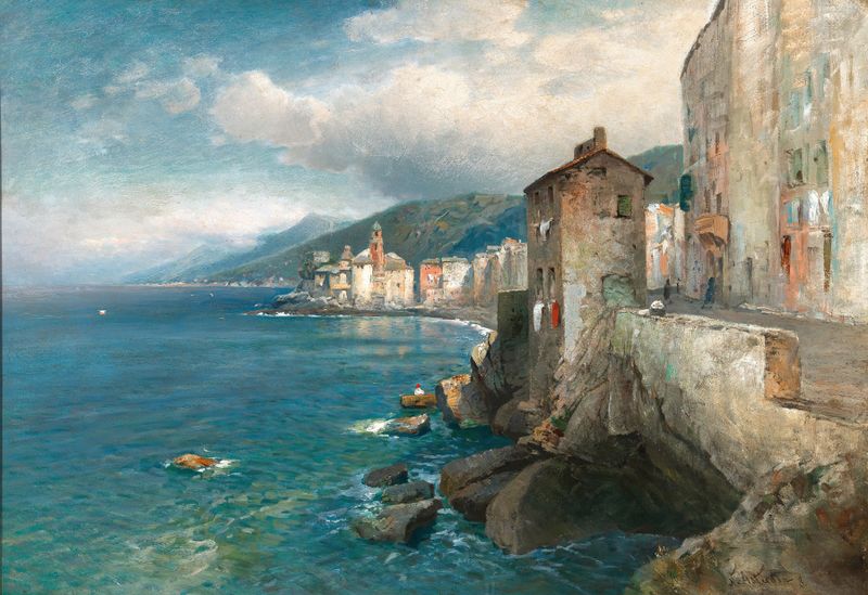 Paisagem costeira com pôr do sol e flores, pintura a óleo de Nicolai Astudin