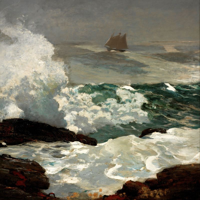 Pintura a óleo de Winslow Homer mostrando figuras em uma costa tempestuosa com ondas quebrando.