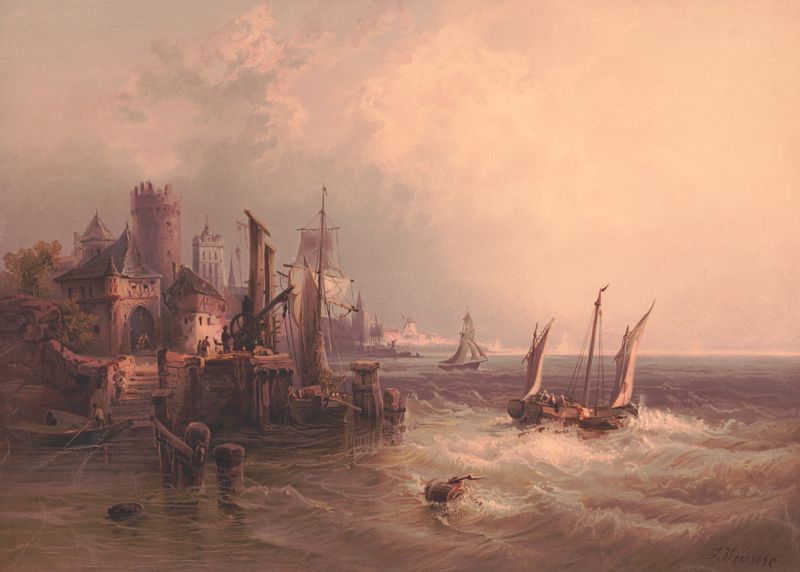 Marine scene depicting a rugged coastline by Edmund Foerster & Co.
