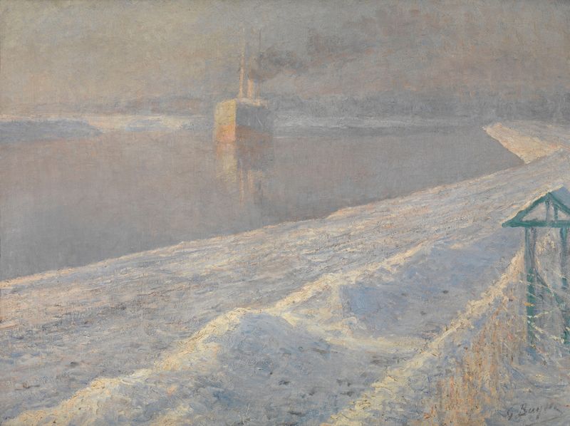 Winterstorm de Georges Léon Ernest Buysse, realismo, representando un sereno paisaje nevado.