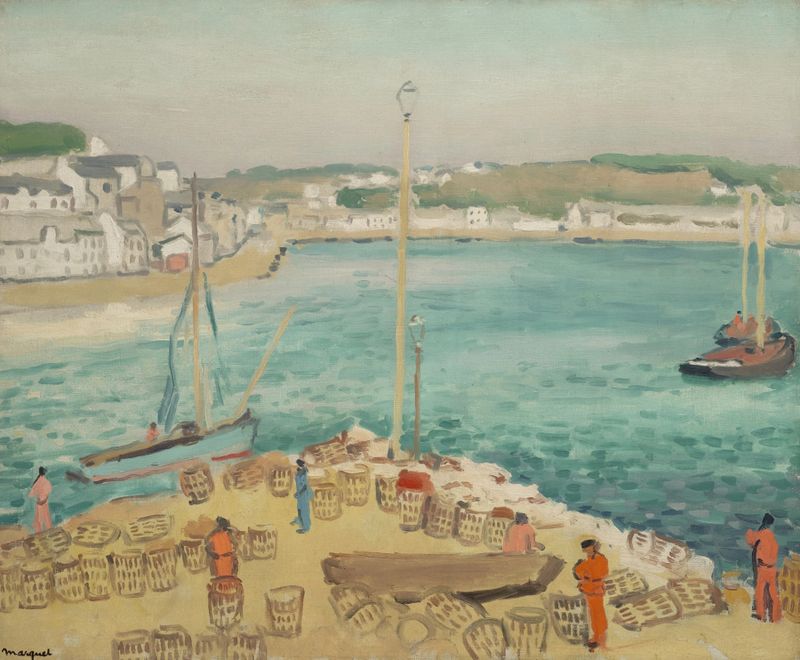 Oil painting by Albert Marquet depicting a harbor scene with boats and tranquil waters.