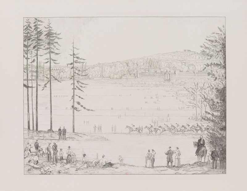 Courses à Longchamp engraving by Jean-Émile Laboureur depicting a lively racetrack with swirling figures