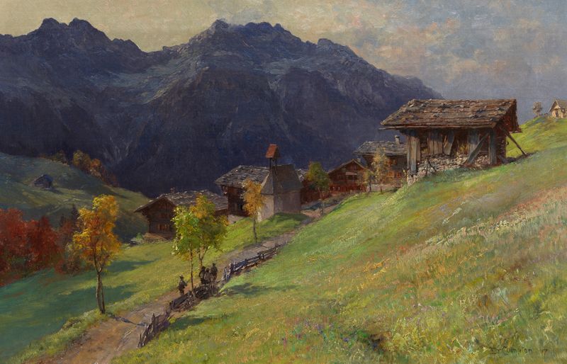 Pintura al óleo de Edward Theodore Compton que presenta montañas y un valle.