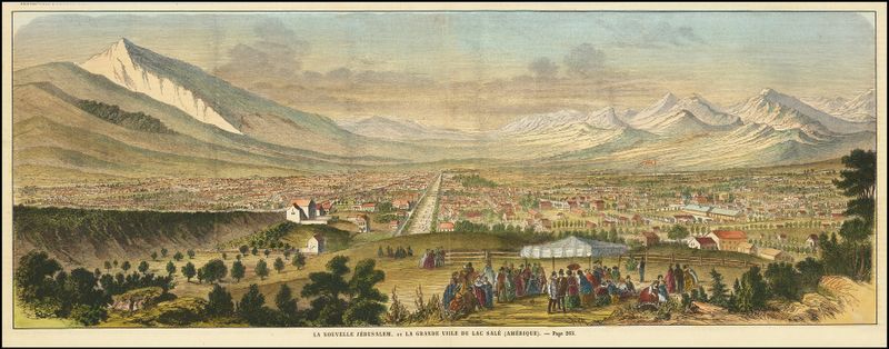 Paisaje de La Nouvelle Jerusalem, pintura al óleo de artista desconocido, que presenta el Gran Lago Salado.