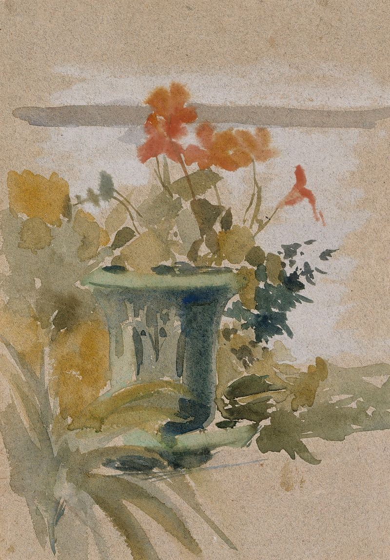 Pelargoniums on the Terrace, oil painting by Albert Edelfelt, featuring vibrant flowers on a sunlit terrace.