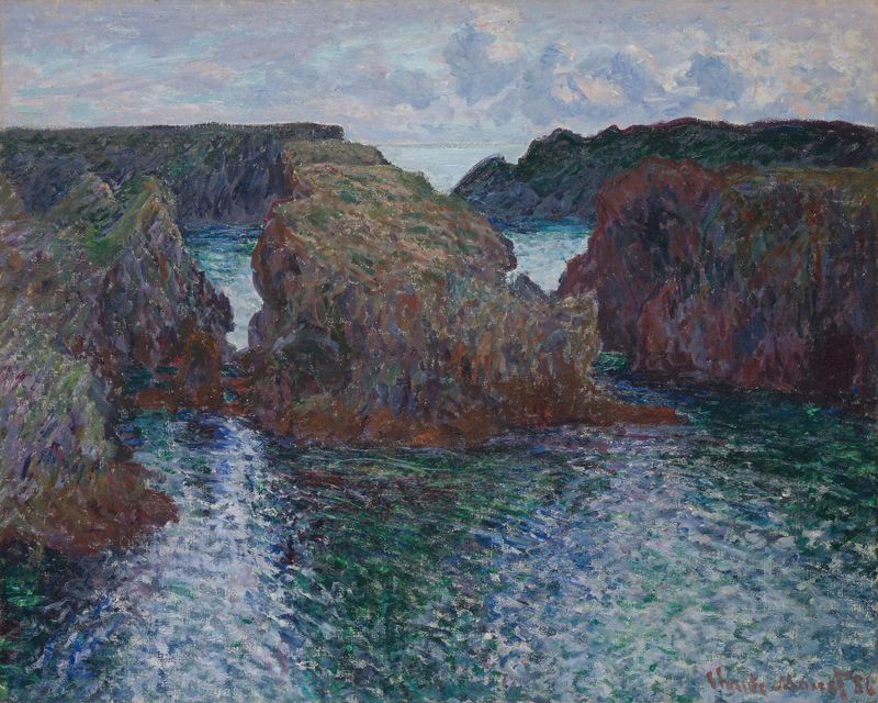 Rocks at Port-Goulphar, Belle-Île de Claude Monet, pintura a óleo de falésias e mar.