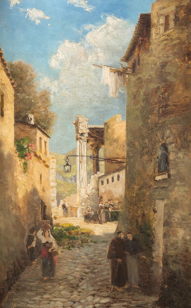 Paisagem de uma cidade italiana com telhados de terracota, por Emmy Lischke, pintura a óleo