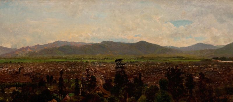 Kyoto, Japan by Winckworth Allan Gay, oil on canvas depicting a tranquil river and city landscape.