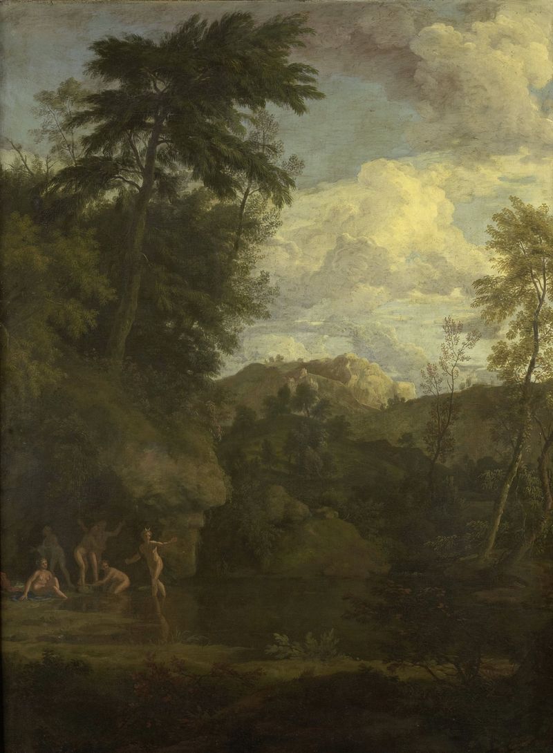 Arcadian Landscape with Diana Bathing, pintura al óleo de Johannes Glauber, que representa un tranquilo estanque y follaje...