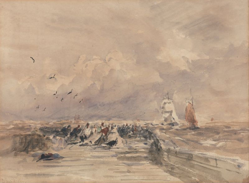 Dieppe Pier, Stiff Breeze de David Cox, acuarela sobre papel que muestra olas y un cielo nublado.