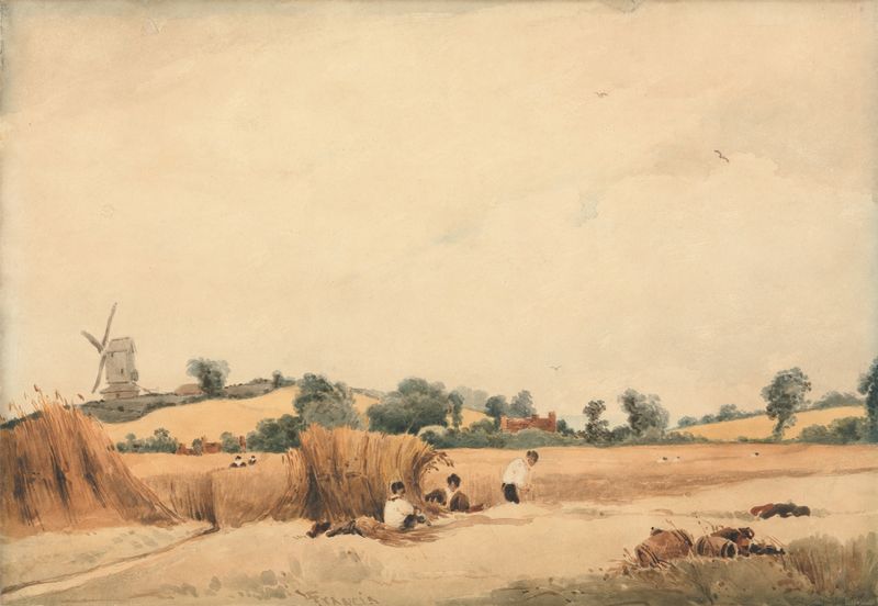 Harvesting de François Louis Thomas Francia, pintura al óleo que representa un paisaje vibrante con granos.