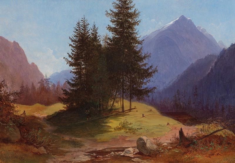 Landscape with Group of Trees and Woodcutters by Franz Steinfeld, oil painting of a tranquil forest scene.
