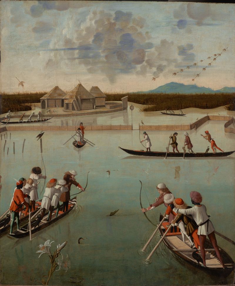 Caça na Lagoa, pintura a óleo renascentista de Vittore Carpaccio mostrando figuras ao lado de uma lagoa tranquila.