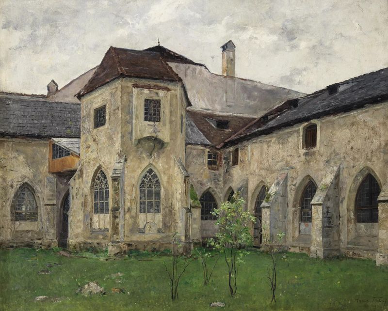 Courtyard with archways and soft light, oil on canvas by Hans Tichy