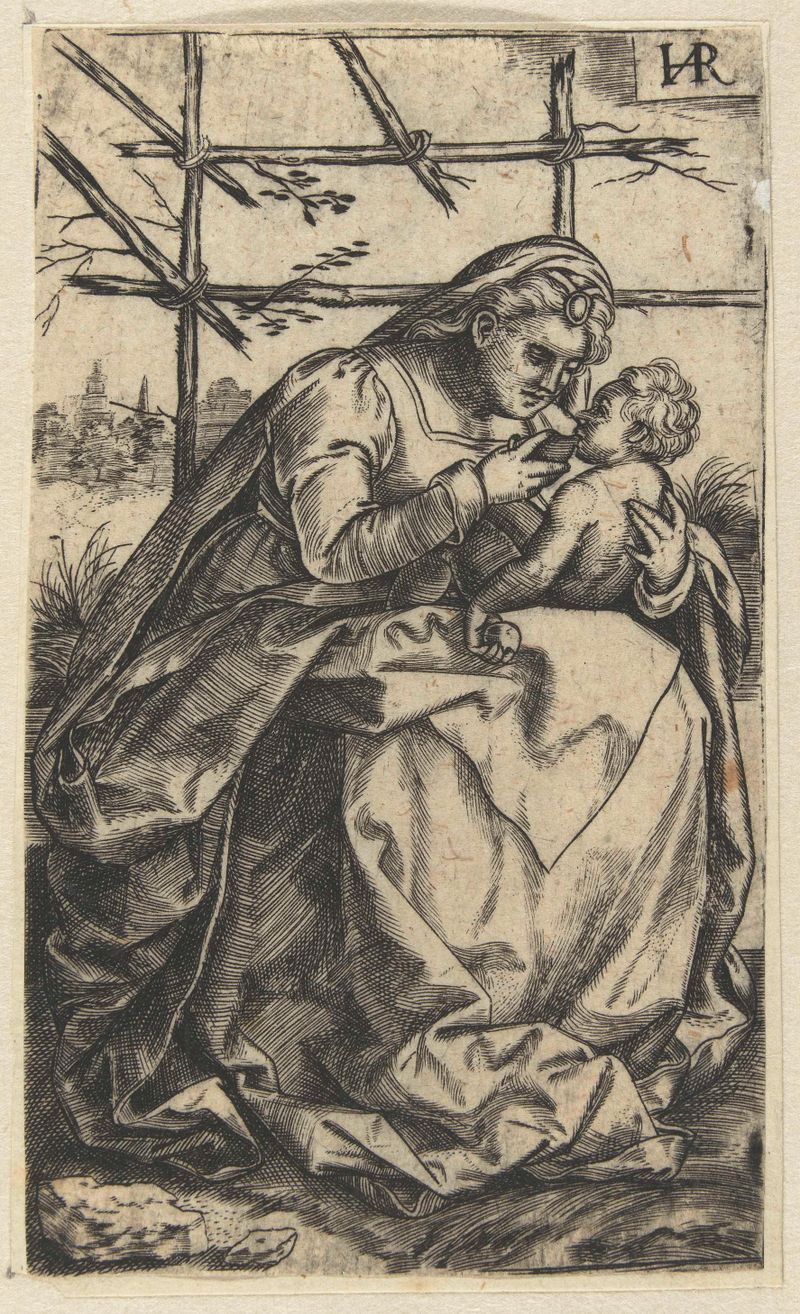 Gravura de Jan van Rillaer retratando a Madonna e a criança com ternura
